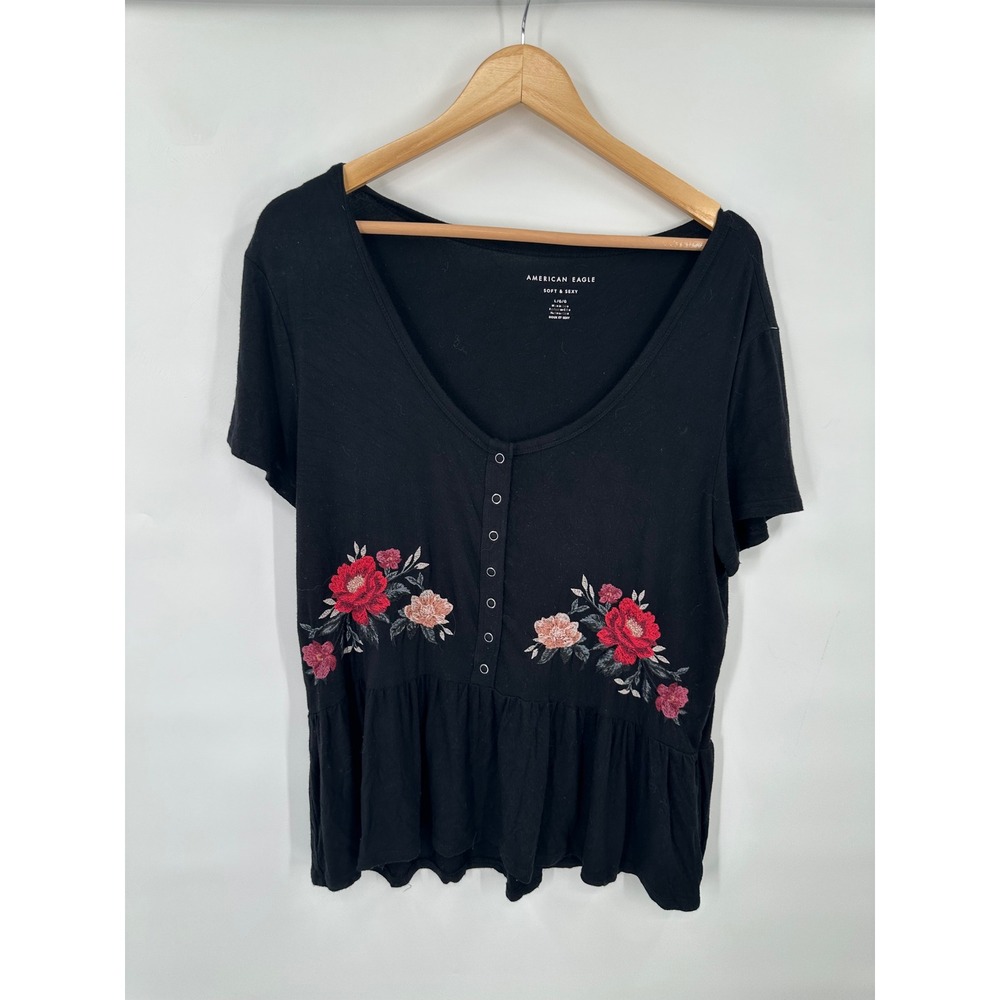 American Eagle Soft & Sexy Womens L Floral Embroidered Casual Flowy Peplum Soft
